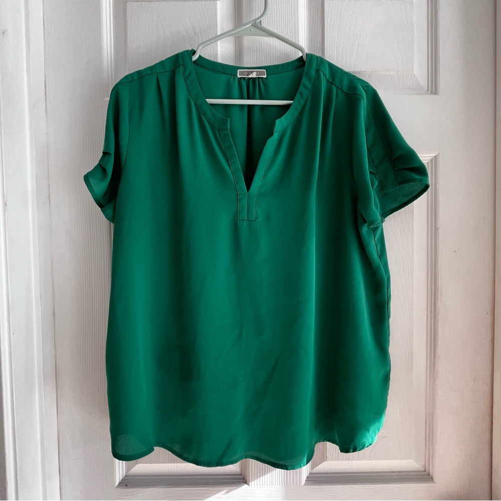 Pleione Emerald Green V-Neck Blouse Medium